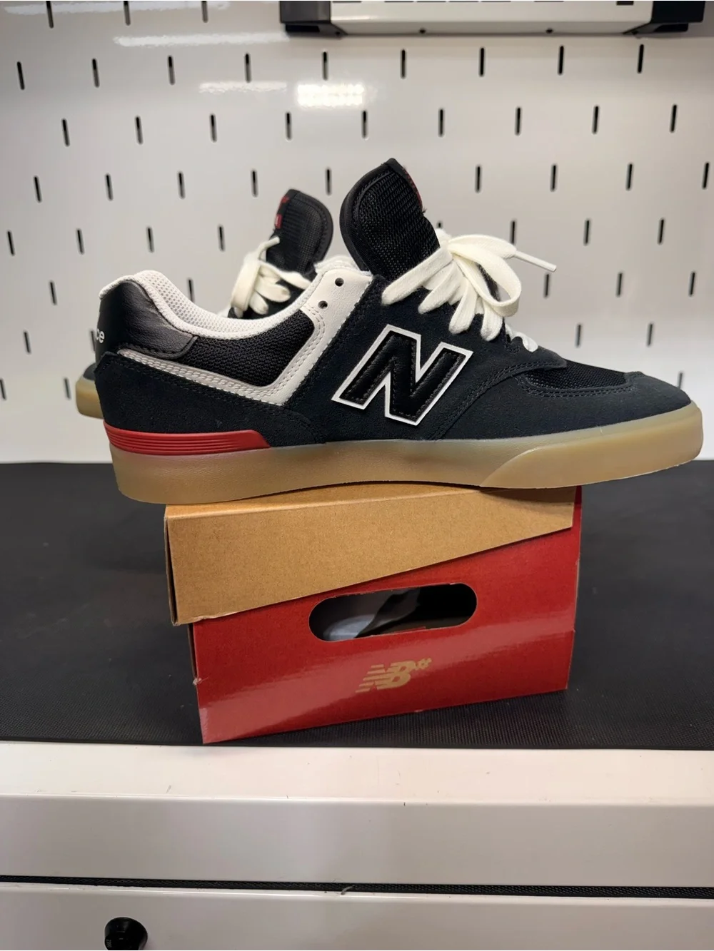 New Balance Numeric 574 Black, White & Red with Gum Sole